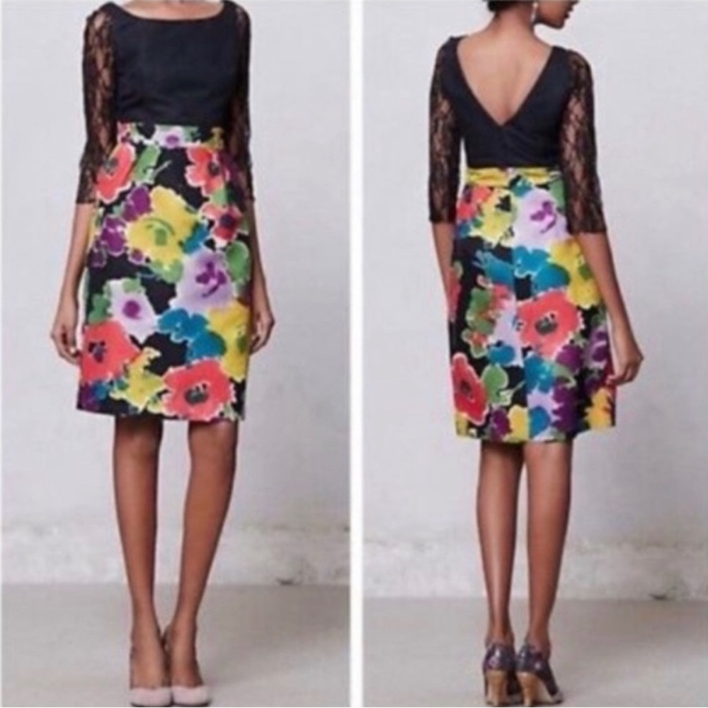 Anthropologie Mirror of Venus Dark Bloom Dress Black Floral Lace Sleeves 4